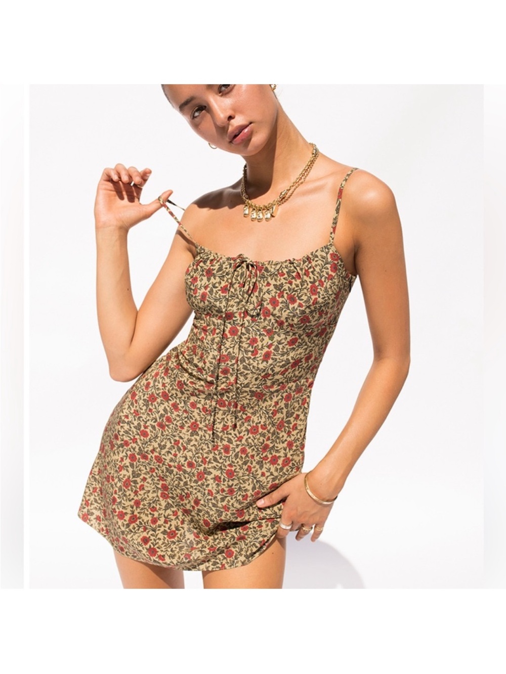 Floral Tie-Front Mini Dress in Olive with Red Rose Print
